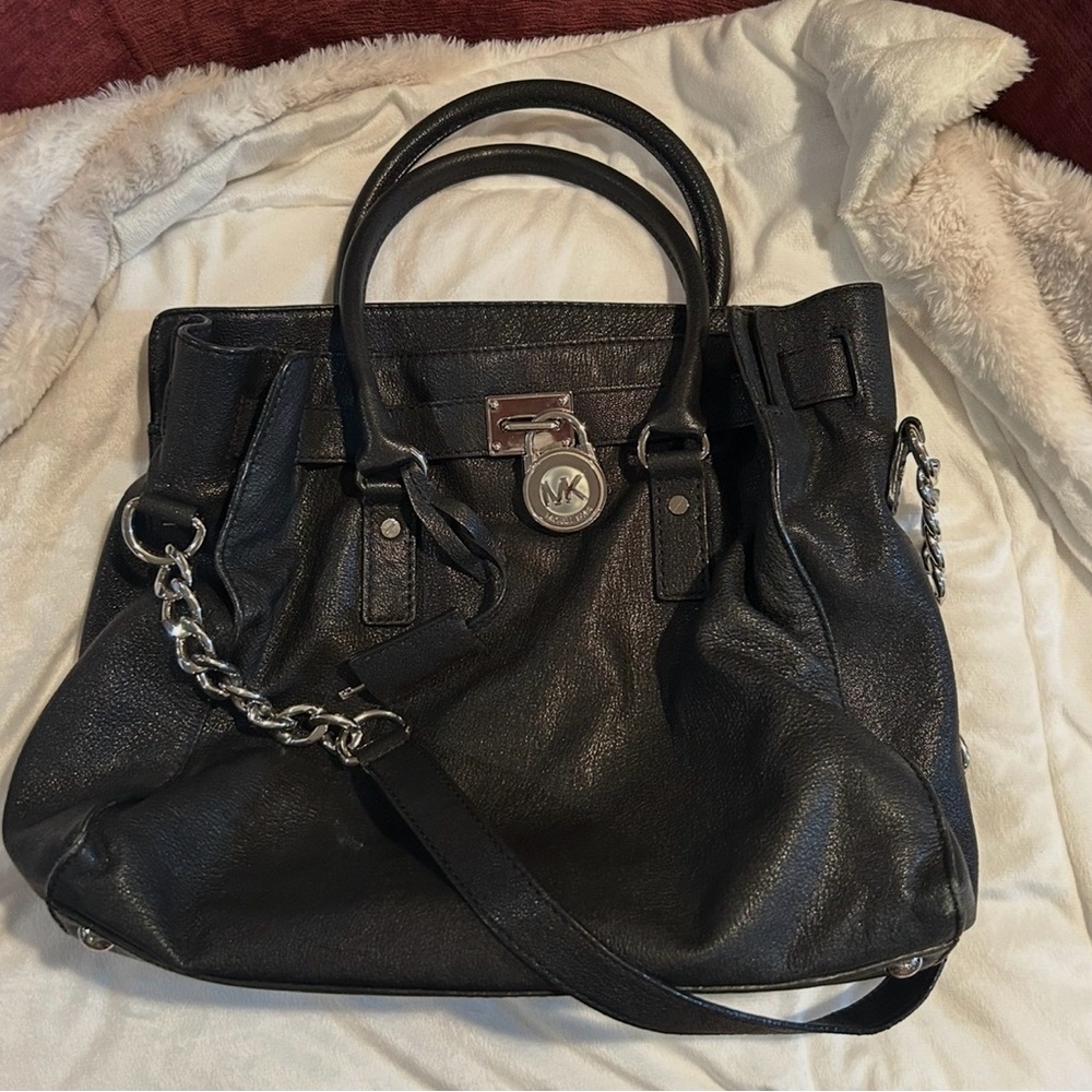 Michael Kors Black Leather Shoulder Bag with Silver Chain